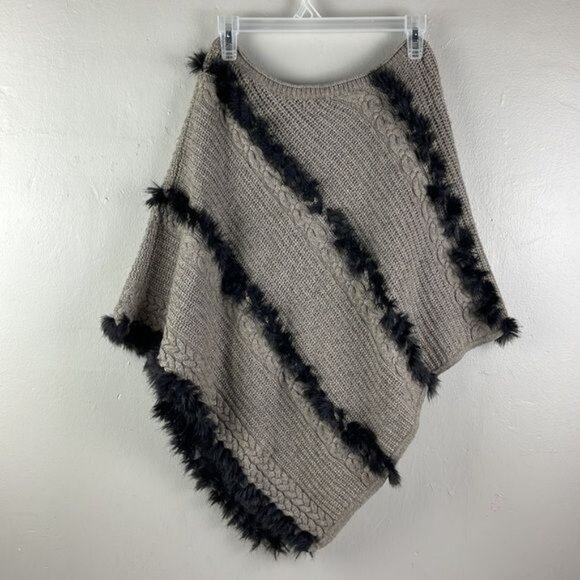 Vtg Cache Shawl Cable Knit Faux Fur Taupe Wool Angora Size XS/S poncho - Picture 2 of 12